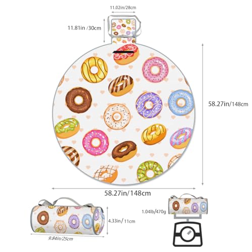 Shimoshe Heart Donut Picnic Outdoor Blanket Foldable Waterproof Sandproof Beach Blanket Portable Water-Resistant Round Picnic Mat for Travel Camping Park Lawn