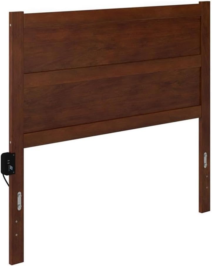 Pemberly Row Solid Wood Full Size Headboard, Walnut Finish, 53.5 in W, Mid-Century Modern Design, USB Charging Station, Hardwood and Veneer Construction, Bedroom Decor Compatible with Metal Bed Frames