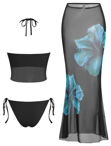 Image of ZAFUL Women 3 Piece Bikini with Cover Up Skirt Halter Bandeau Swimsuit Floral Tie Side Cheeky Bathing Suit