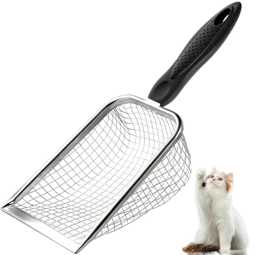 Apidgrowth Cat Litter Scoop - Long Handle Scooper, Rustproof Stainless Steel Mesh, Non-Slip Grip, Deep Shovel Sifter for All Litter Types, Easy Clean Kitty Waste Litter for Litter Box