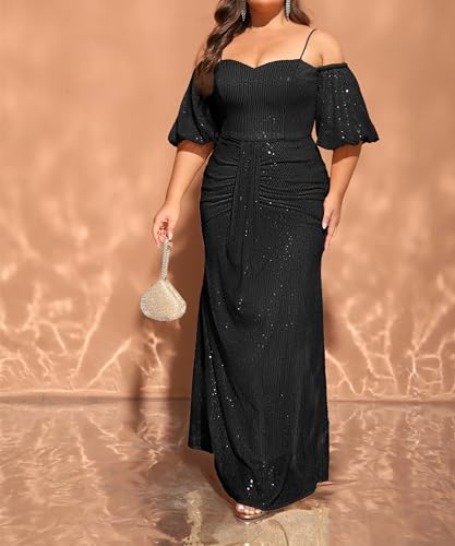 Image of Women's Plus Size Off The Shoulder Puff Sleeve Dress Sequin Formal Maxi Evening Cocktail Party Gowns