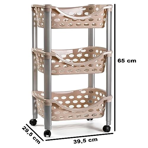 AC - Carrito verdulero de plástico con 3 Niveles y Ruedas - PLFT Aire - Cestas apilables portaobjetos - Cocina, baño - 65 x 39,5 x 29,5 cm - Marrón con Patas Grises - imagen 2