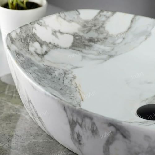 Image of Inart Ceramic Counter Top Wash Basin in Matt White Grey - Modern Design for Bathroom, Kitchen, Living Room - 60x37x13.5 cm (White Marble 5)
