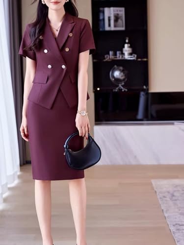 Women's Suit 2 PC Blazer Suit Short Sleeve Slim Fit Formal Suit Double Breasted Skirt Suit Fashion Summer Office Suit3