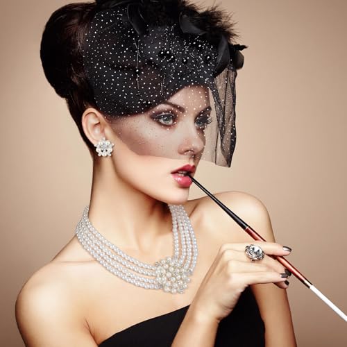 Image of Glenmal Pearl Rhinestone Jewelry Set for Women Pearl Necklace Bracelet Earrings for Wedding Halloween Bridal Shower Tea Party