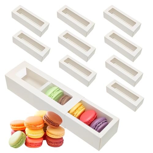 Laurraine 10 Set Macaron Box (20.5x7.1x5.2cm) - White Cupcake Packaging with View Window | Food True Donut Muffin & Cookie Box | Transparent Gift Box for Hobby Bakers & Households