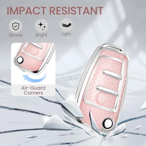 Image of Key Fob Cover for Audi A3, Rhinestone Wristlet Keychain Case, Pink