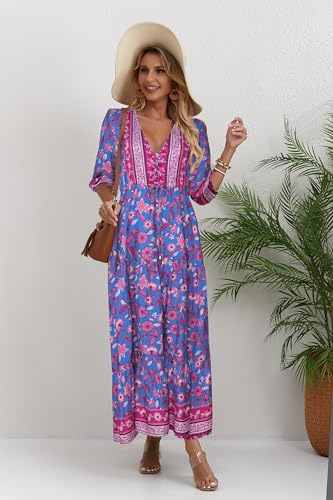 Image of Women Short Sleeve V Neck Floral Print Casual Bohemian Maxi Dresses