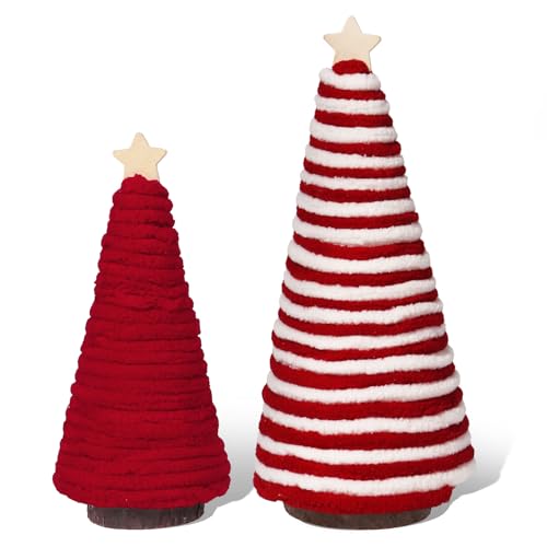 2pcs Small Tabletop Christmas Red Tree Mini Christmas Cone Tree Shelf Tray Decor Red and White Xmas Decorations