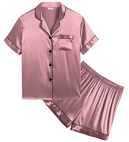 SWOMOG Girls Silk Pyjamas Short Sleeve Sleepwear Kids 2Pcs Satin Button-Down PJ Sets Nightwear Misty Rose 12-13 Years