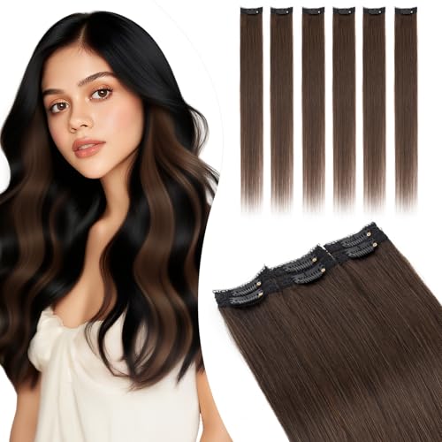 Elailite Extension Clip Cheveux Humain Natural Brun Rajout Cheveux Vrai Lisse 6 Bandes Silk Lace 31g Ajouter Volume/Mèches (25cm, #2 CHATAIN FONCE)