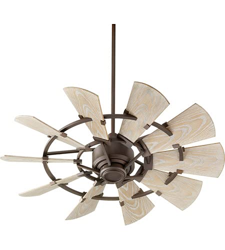 Quorum 194410-86 | Windmill Outdoor Fan (Damp) - 10 Weathered Oak 44" Aluminum Blades - Oiled Bronze Finish - With Reversible 6 Speed Wall Control - Light Kit & Remote Adaptable #TOP20