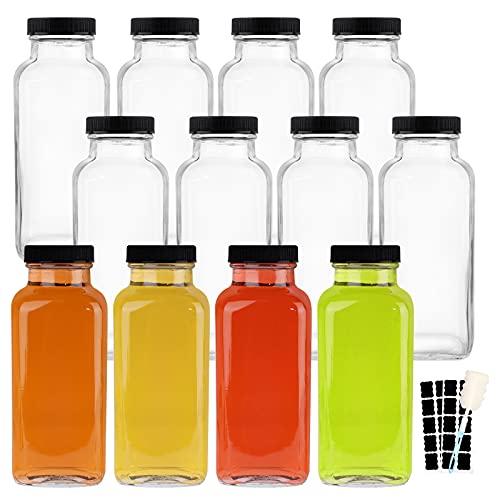 HINGWAH 12 OZ Glass Drink Bottles Set of 12 Vintage Glass Water Bottles with Lids Great for storing Juices Milk Beverages Kombucha and More (Labels and Sponge Brush Included)