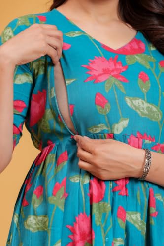Image of THE Moon Star Women's Cotton Floral Printed Anarkali Maternity Feeding Kurti | Breastfeeding Dress for Mothers | Zipper Feeding Kurti, Nursing Kurti, Comfortable and Trendy Maternity Wear