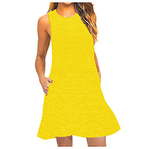 Generic Coupons Womens Summer Tank Dresses 2024 Trendy Crewneck Solid A-Line Mini Dresses Casual Cute Comfy Beach Sundress with Pocket Oferta relámpago del día, Small, A01_yellow