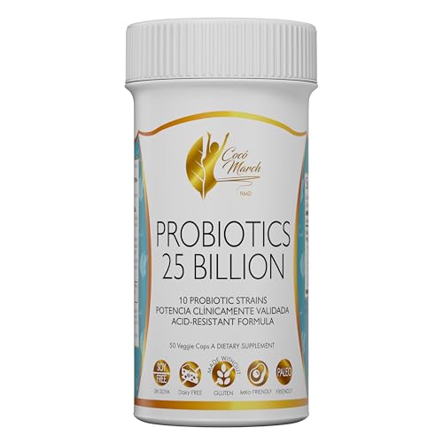 Cocó March N.M.D Probiótico 25 Mil Millones – 10 Cepas Activas, Fórmula de Alta Potencia Resistente a Ácidos – Apto para Adultos y Niños, Dietas Cetogénicas y Paleolíticas – 30 Cápsulas