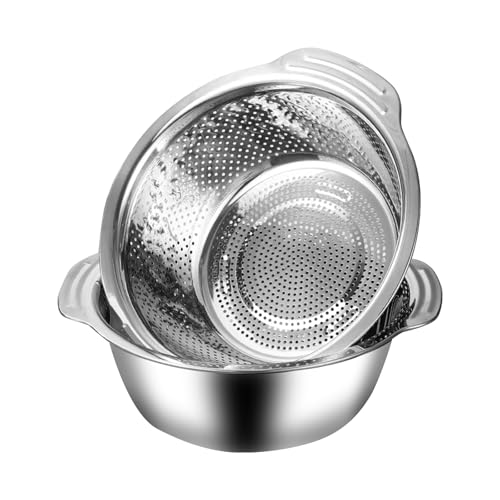 Defaun Kitchen Colander & Mixing Bowl Set 28cm, 2-Piece Stainless Steel Strainer Bowl with Handles for Draining Pasta, Washing Vegetables, Fruits, Salad & Food Prep (28CM)