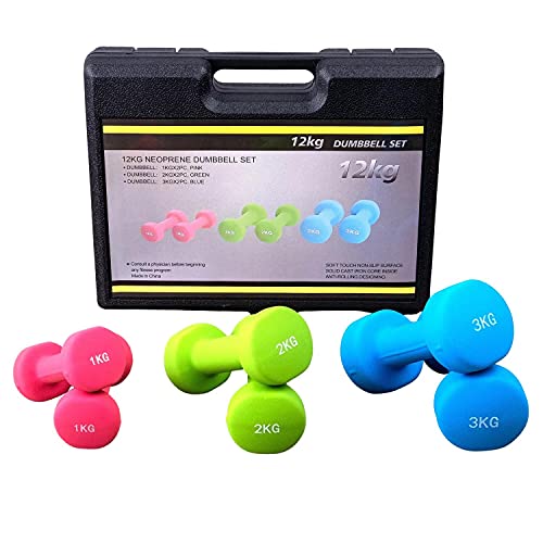 Set of 6 Dumbbells 2.2 lb 4.4 lb 6.6 lb Non-Slippery Ergonomic/Professional Equipment for Gym/Durable and Highly Resistant Portable Case 6 Pack Neoprene case, 6 Dumbbells 2(1 lb) 2(2 lb) 2(3 lb) by Fuxion - Used condition - US$60.44