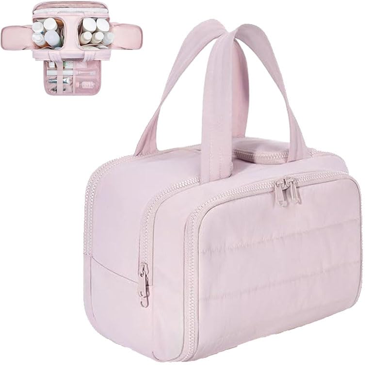 Cureaway Travel Cosmetic Bag Large Capacity Wide-Open Travel Cosmetic Bag Puffy Cosmetic Makeup Bag Organizer with Handle Open Flat Toiletry Bags for Women with Divider and Handle (Pink)