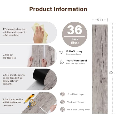 INMOZATA 36Pcs Self-Adhesive PVC Flooring Planks Floorboard Planks Waterproof Floor Wall Stickers for Kitchen Bathroom Home Floor Tile (Crack)