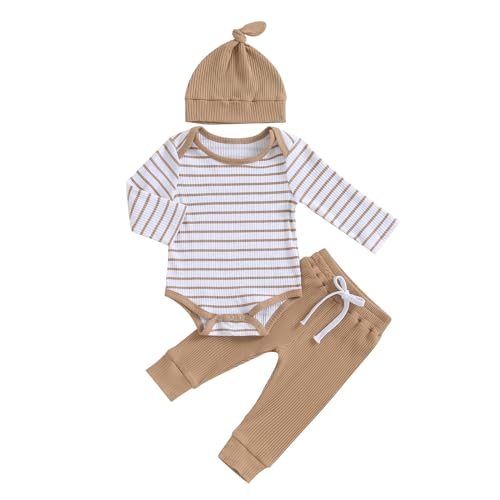 Image of Newborn Baby Boy Girl Outfits Long Sleeve Striped Ribbed Knitted Romper Pants Hat 3Pcs Infant Fall Winter Clothes