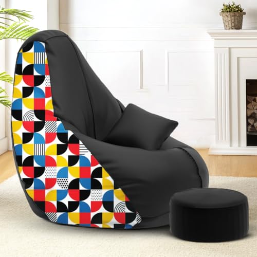 Image of Amazon Brand - Solimo Premium Faux Leather Bean Bag Combo with Footrest & Cushion, Filled with Beans | Capacity: Upto 6 Ft 3 in Height, 120 KG Weight | 4XL | Geometric Print |Black