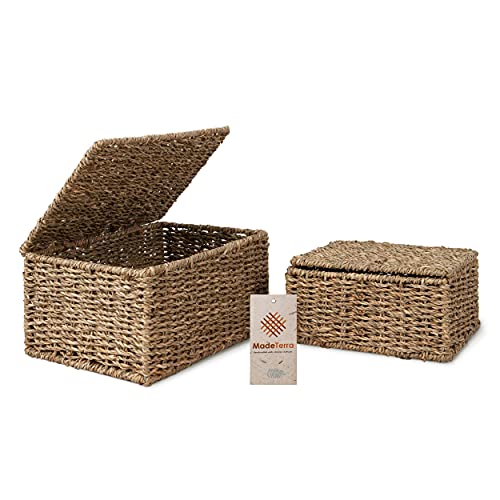 MadeTerra Small Nesting Wicker Cube Storage Boxes with Lids and Metal Steel Frame, Set of 2 Straw Wire Woven Square Storage Basket Organiser for Home, Kids, Toys, Small Items