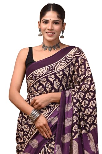 Image of Crafts Moda Hand Block Ajrakh Print Cotton Saree for women with Blouse | Soft comfortable wear sari