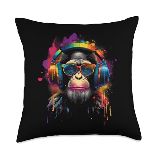 woerexker Coussin amusant avec lunettes de soleil et écouteurs Motif singe DJ Multicolore 40,6 x 40,6 cm