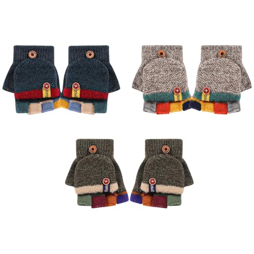 Jupsk 3 Paar Kinder Fäustlinge mit Knopf Klappe Fingerlose Handschuhe Winter Warme Handschuhe für Jungen Kleinkinder 3-7 Jahre alt