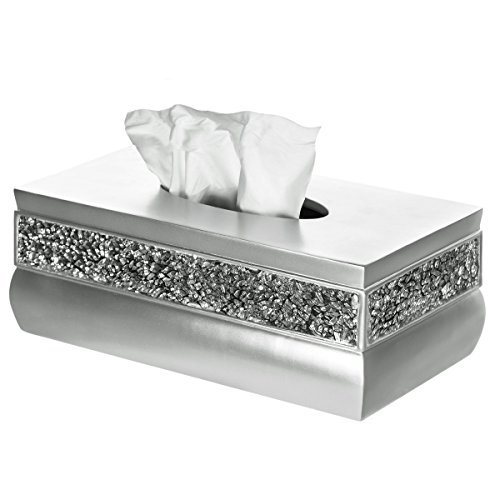 Image of Crackled Glass Silver Tissue Box Cover Rectangular - Decorative Bling Tissue Box Holder With Beautiful Mosaic Glass - Elegant Tissue Holder For Bathroom With Durable Bottom Slider (Silver Collection)
