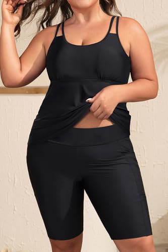 Plus Size Tankini Swimsuits - Athletic Two Piece Bathing Suits with Short for Women Swimwear with Pockets3