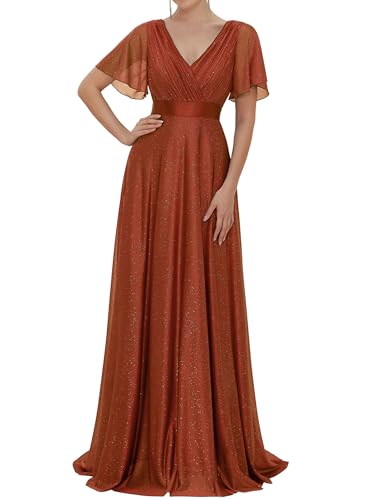 Image of Ever-Pretty Women's Summer Glitter Formal Dresses Evening Gown V Neck Short Sleeves Floor Length Mother of Bride Dress 50159