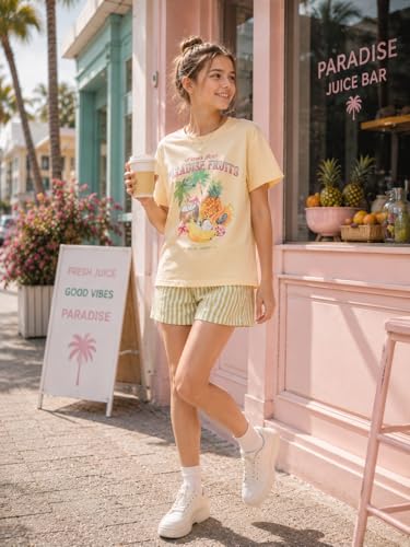 Image of Teen Girls Clothes 2 Piece Graphic T Shirt & Striped Shorts Outfit Set Summer Back to School Clothes Size 7-14