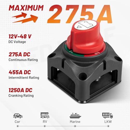 RED WOLF Batterie Trennschalter 275A Batterieschalter Haupttrennschalter 12V 24V 48V DC für Auto Boot Motorrad LKW Wohnmobil Traktor Batteriehauptschalter Ein/Aus Autobatterie Schalter Stromschalter
