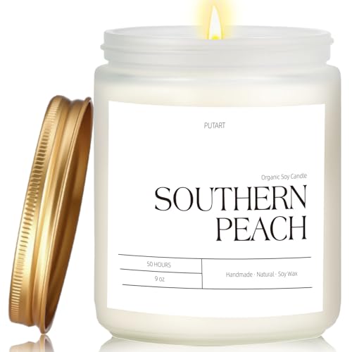 Putart Peach Scented Candles for Home 9oz Natural Soy Wax Aromatherapy Organic Peach Candle for Stress Relief Long Burning & Lasting Jar Candle Gifts for Halloween Birthday Christmas Thanksgiving