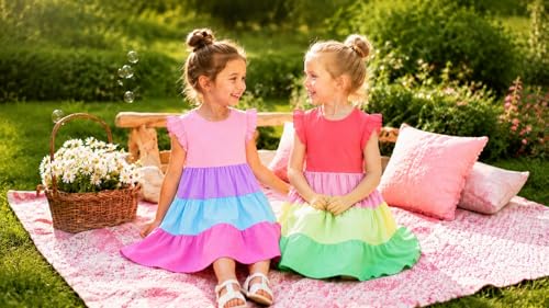 Image of HILEELANG Girls Cotton Tiered Dress Flutter Ruffle Sleeve Summer Swing Sundress Birthday Party Casual Outfit Colorblock 2-12Y