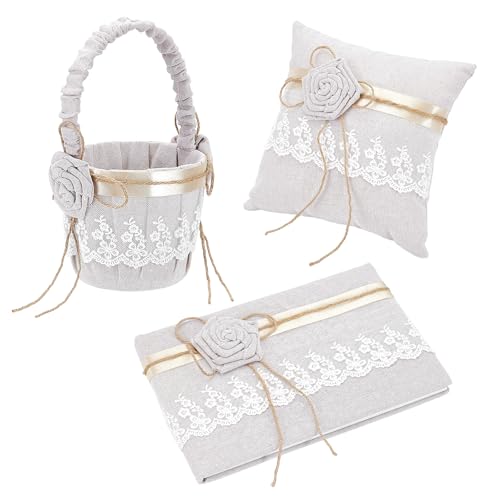 INTERWARM 3 panier Rustique en Toile de Jute pour Demoiselle D'Honneur Panier de Fleurs de Mariage avec Livre D'Or en Lin Ensemble de Coussins Porte Alliances...