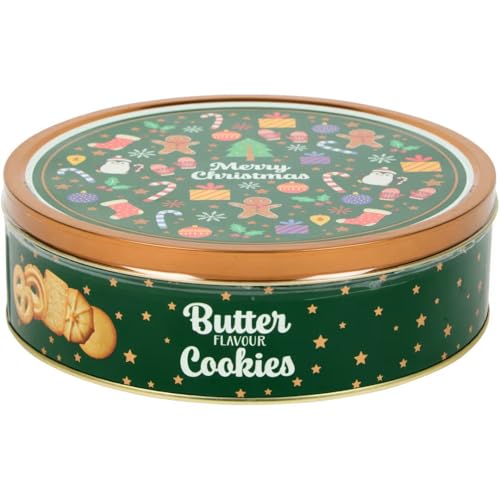 Scatola di Biscotti al Burro Natalizi, Confezione Regalo in Metallo Verde con Decorazioni Festive, Assortimento di Dolci, 340g