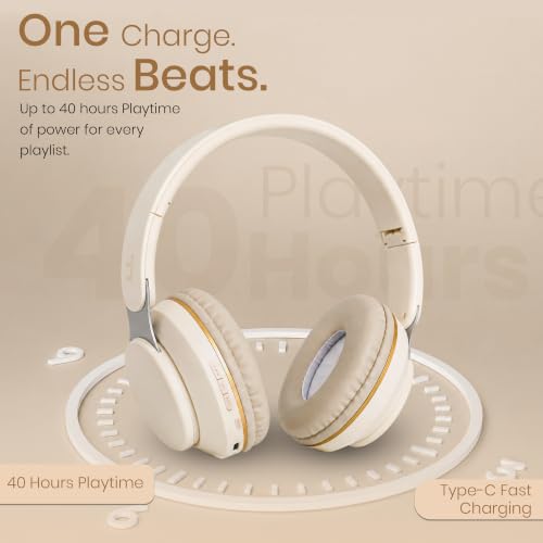 Image of PunnkFunnk FusionBeat Wireless Bluetooth Headphones with BT 5.3, Noise Cancelling, Hi-Res Audio, 40mm Drivers, Deep Bass, Memory Foam Ear Cushions, Over-Ear Headset, Teens & Adults (Beige)