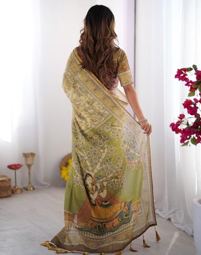 Image of SIRIL Women's Cotton Linen Kalamkari Printed Handloom Saree with Unstitched Blouse Piece