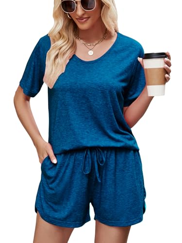 Image of MOYEE Womens Pajama Sets Soft Short Sleeve Shirt and Shorts 2 Pieces Lounge Outfit Sets with Pockets