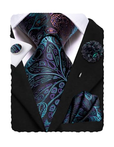 Image of Hi-Tie Men's Tie Lapel Pin Set Pocket Square Cufflinks Formal Woven Silk Tie Sets Wedding Party