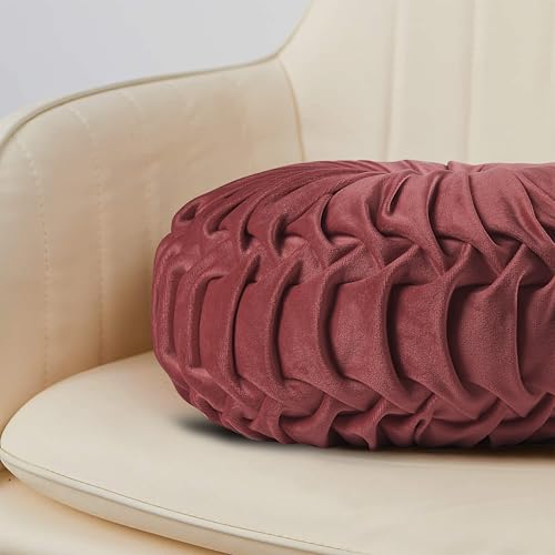 Image of HIG Set of 2 Decorative Round Pleated Throw Pillows,Classy Accent Pumpkin Throw Pillows with Center Button,Vintage Velvet Floor Pillows for Sofa Vanity Chair Bed,Dusty Rose,14.5 inch Diameter(Ripple)