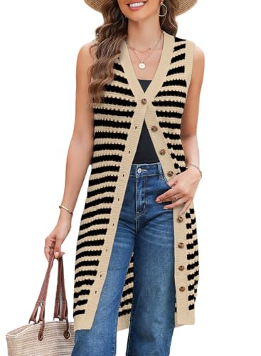 BLENCOT Women's Fall V Neck Striped Sleeveless Sweater Vest Casual Button Down Knit Beach Long Dress Khaki M