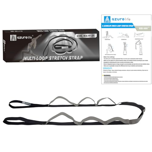 Image of A AZURELIFE Stretch Strap with 11 Loops, Elastic Stretching Strap Band - Stretch Tool for Yoga Physical Therapy, Dance and Pilates, Gymnastics, Hamstring Strength Training with Instruction Guide