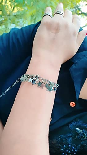 Image of Handmade Black Oxidised Alloy Silver Hanging Star Chain Bracelet for Girls |Women | Free Size |Star design |pack of 1|chain Bracelet |Workwear |Black Alloy silver