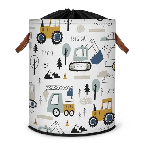Cartoon Truck Kid Laundry Hamper Basket for Boys Girls Round Collapsible Dirty Clothes with Drawstring Fabric Storage Bin for Nursery Bedroom Living Room Organization