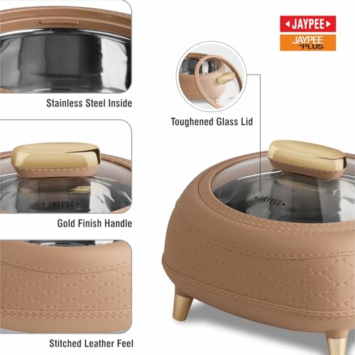 Image of JAYPEE Kingston Klass Stitched Leather Luxurious Outer & Inner Stainless Steel Casserole Set of 3 with Glass Lid (1500+2000+2500) ml PUF Insulated Serving casserole Set Roti Box Hot Box BPA Free,Brown