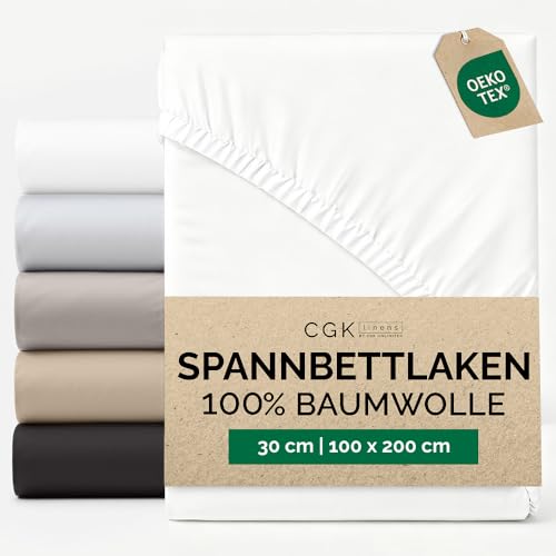 Spannbettlaken 100 x 200 cm Baumwolle - Mako Satin 400 Fadenzahl - Für Matratzen bis 30 cm (12) - Hotelqualität Spannbetttuch - Knitterfrei Pflegeleicht Atmungsaktiv & Oeko-TEX Zertifiziert - Weiß